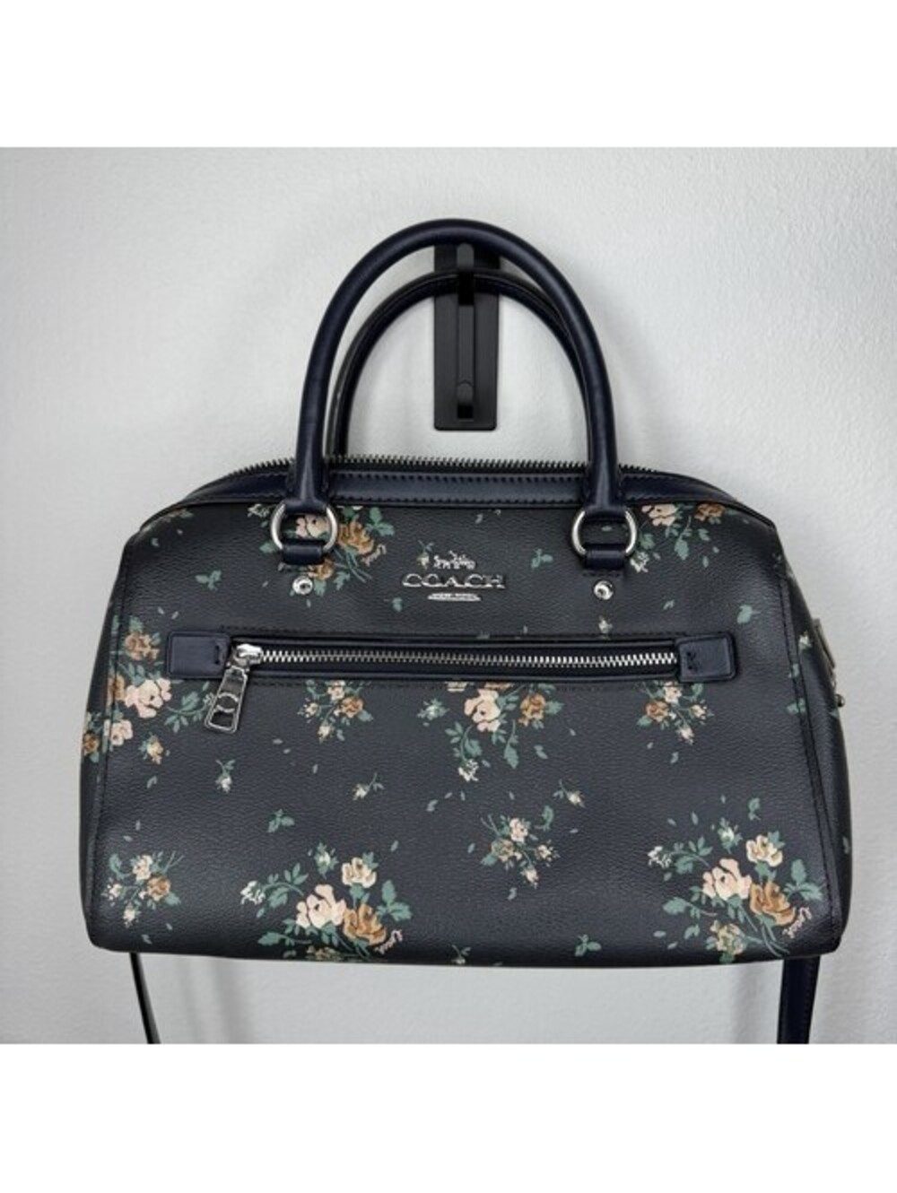 Coach Floral Print Top Handle Bag Navy Blue Silver Hardware Zip Crossbody